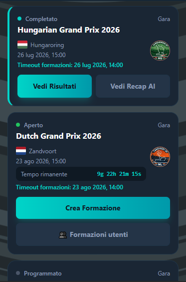 Schermata Home di FormulaFanta con countdown al prossimo Gran Premio